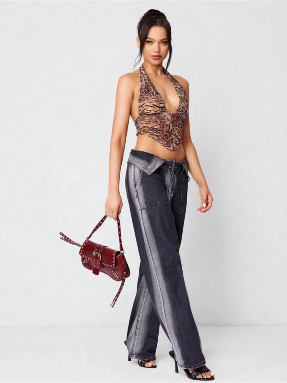 Burgundy Studded Buckle Shoulder Bag – Y2K Vintage Edgy Mini Handbag - Picture 8 of 8